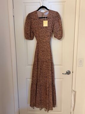 Charlie Holiday Flores Puff-Sleeve Midi Dress in Abstract Print NWT size M